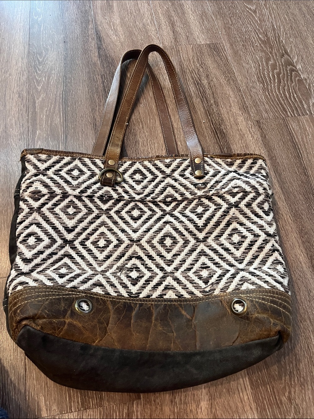 Myra Bag Outre Woven Diamond-Pattern Tote in Black, White & Brown Leather Trim